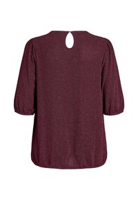 Burgundy pusero, jossa on teksturoitu kalanruotokuvio, lyhyet puffihihat ja avorinta taakse, joka sulkeutuu pienellä napilla.
