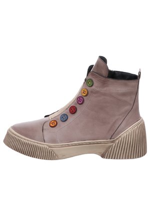 Light gray ankle boot with a textured rubber sole and colorful buttons on the side. Smooth leather upper and elastic gusset for easy wear.