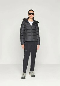 Black puffer jacket with a hood, zip closure, and padded design. Paired with dark pants and sneakers. Smooth texture and modern silhouette.