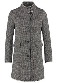 Manteau texturé noir et blanc pour femmes avec manches longues, col montant, quatre boutons et deux poches avant à rabat.