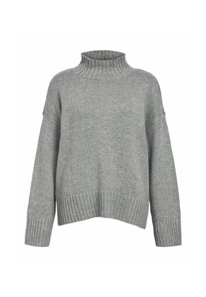 Maglione grigio chiaro, lavorato a maglia, con colletto alto a costine, spalle scese e polsini e orlo a costine, caratterizzato da una finitura testurizzata.