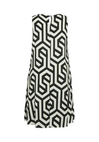 Mouwloze zwarte en witte jurk met een opvallend geometrisch doolhofachtig patroon en een kleine knoopsluiting aan de achterkant van de halslijn.