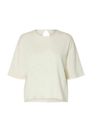 Krēmkrāsas īss piedurkņu trikotāžas tops ar apaļu kakla izgriezumu un mazu atslēgas cauruma izgriezumu mugurpusē.