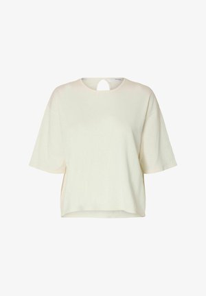 Haut en maille à manches courtes de couleur crème, avec un col rond et une petite découpe en forme de trou de serrure dans le dos.