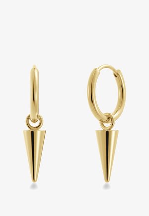 Aukso auskarai su žiedu turi kūgio formos pakabuką baze. Lygus, poliruotas paviršius su blizgia tekstūra. Paprastas, modernus dizainas.