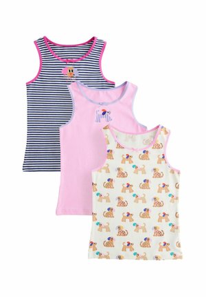 Drie mouwloze kindertopjes: marineblauw met witte strepen en roze bies met hondenkop, effen roze met gestreepte hondenapplicatie, en wit met kleurrijk hondenpatroon.