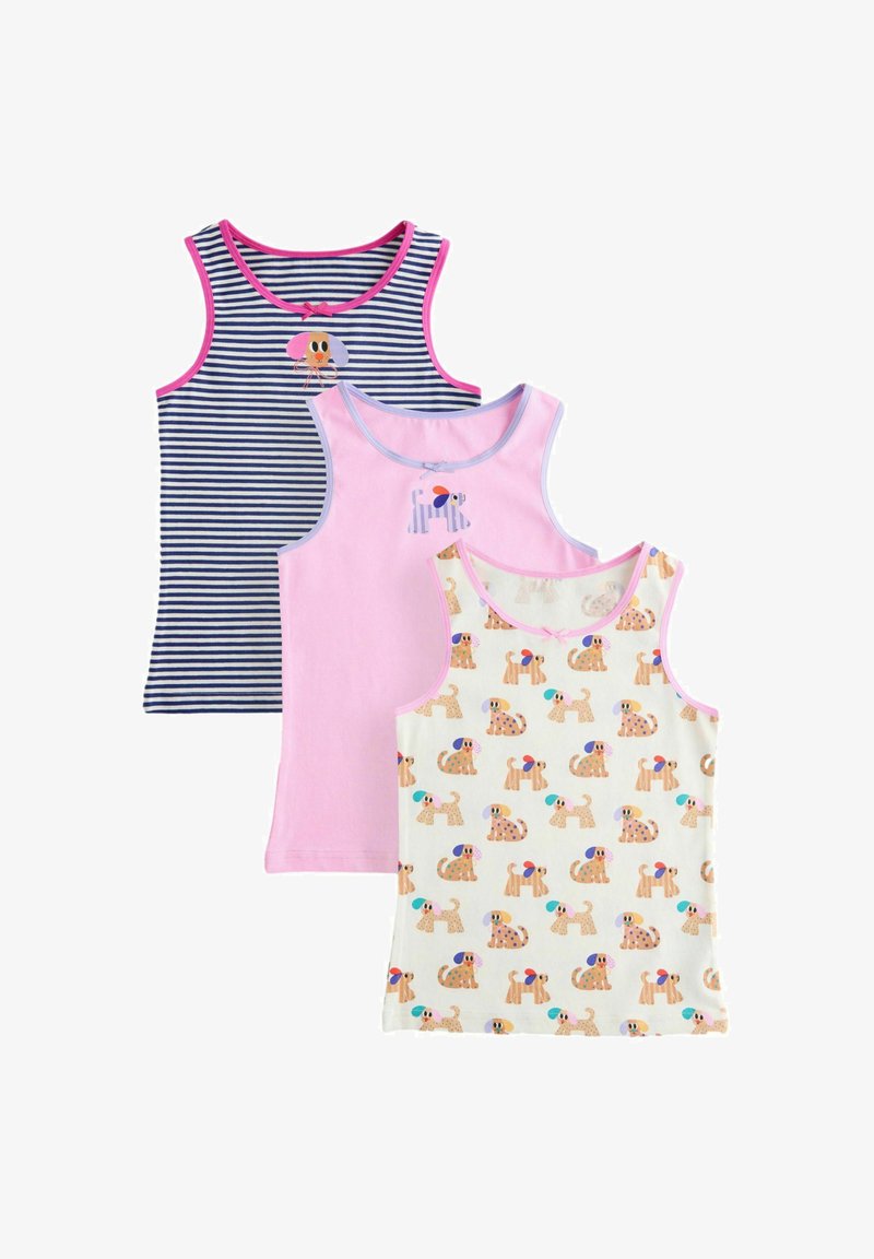 Trois hauts pour enfants sans manches : rayures bleu marine et blanc avec bordure rose et visage de chien, rose uni avec applique de chien rayé, et blanc avec motif de chien coloré.