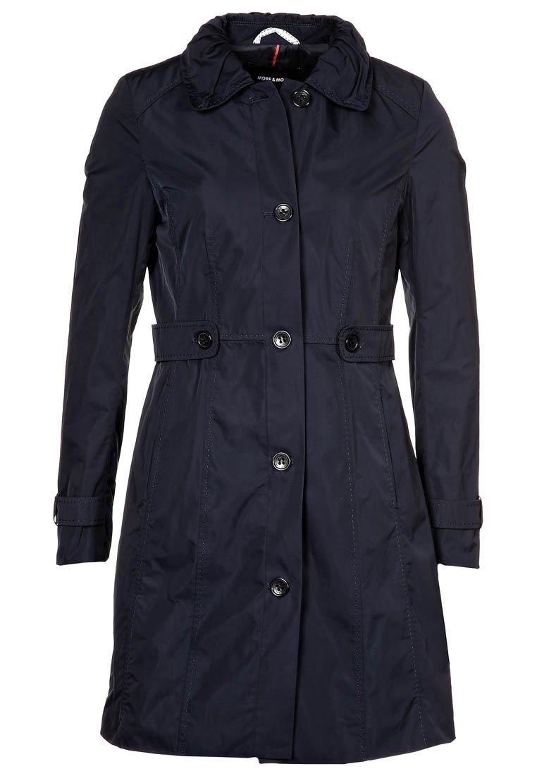 Marineblauwe trenchcoat met een kraag, knoopsluiting en een tailleband. Gemaakt van lichtgewicht materiaal met een gladde textuur en lange mouwen.