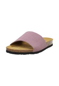 Pink suede slide sandal with a wide top band, cork footbed, and a black rubber sole. Open-toe design with a minimalist appearance.