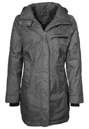 Chaqueta larga de invierno de color gris oscuro con capucha, cremallera y botones a presión, bolsillo con cremallera en el pecho y puños interiores negros.