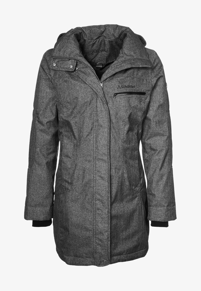 Veste d'hiver longue gris foncé avec capuche, fermeture éclair et boutons-pression, poche poitrine zippée et poignets intérieurs noirs.