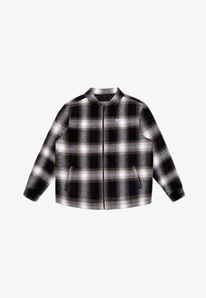 Black and white plaid jacket with a collared neckline, long sleeves, and two side pockets. Soft fabric with a zipper closure.