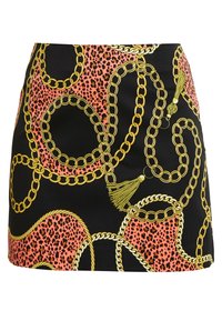 Jupe noire avec un motif chaîne et léopard en or et rose, avec une texture lisse et un détail de pompon en accent.