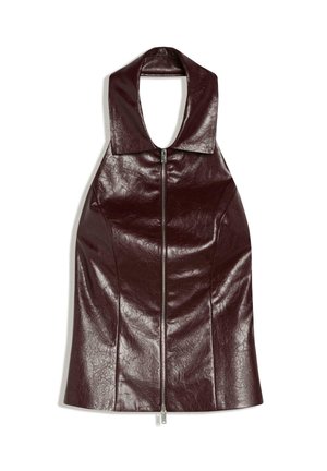 Ärmelloses, dunkelbraunes Kunstleder-Haltertop mit weitem Kragen und vorderem Reißverschluss, figurbetonte Passform.