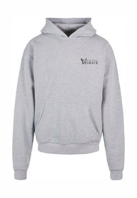 Gray cotton hoodie featuring a front pocket, ribbed cuffs and hem, and a small black graphic on the left chest reading "ETERNAL GRACE."