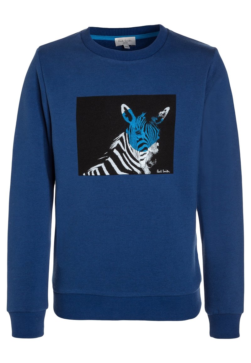 Felpa blu in cotone con colletto rotondo, presenta una grafica nera quadrata della testa di una zebra in bianco e turchese.