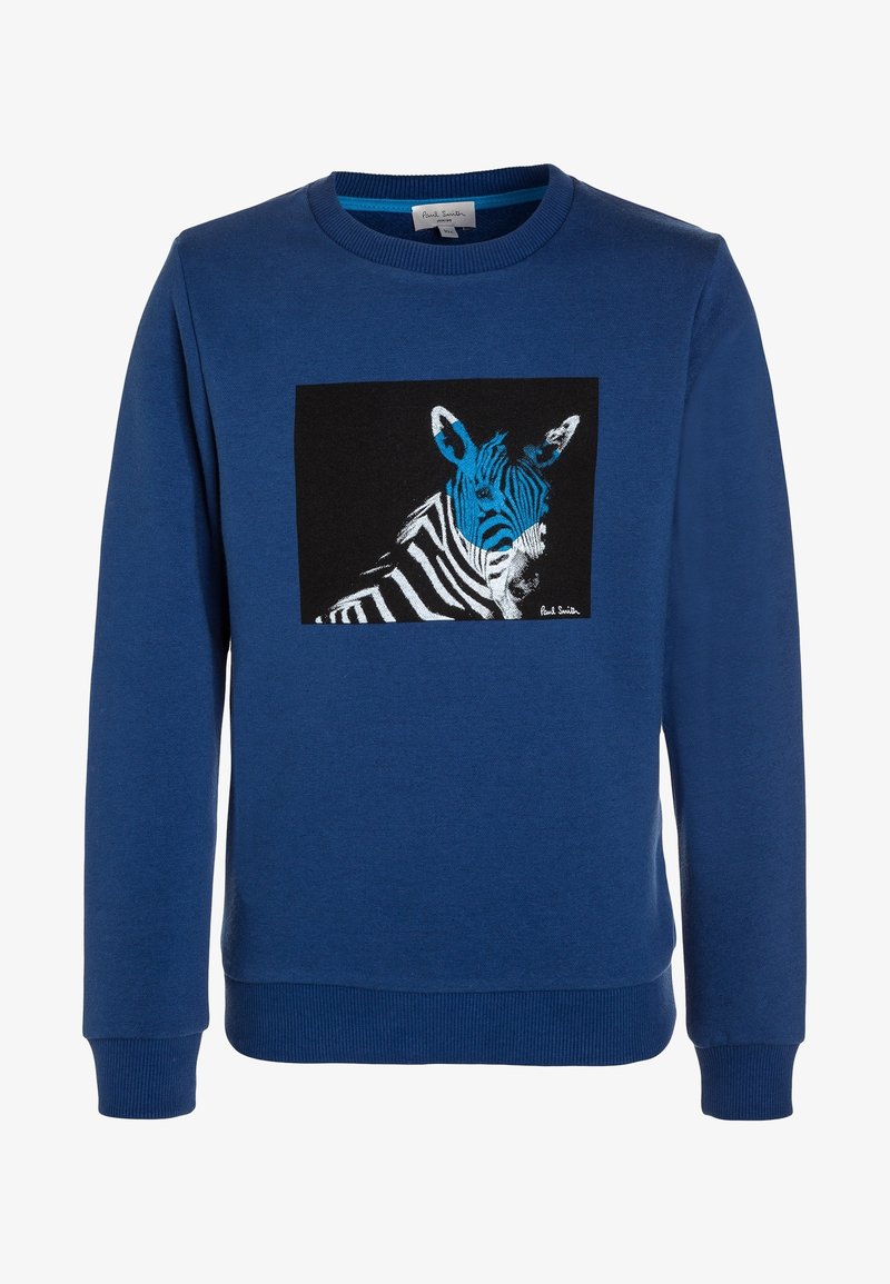 Felpa blu in cotone con colletto rotondo, presenta una grafica nera quadrata della testa di una zebra in bianco e turchese.