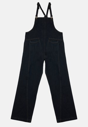 Zwarte denim overall met wijde pijpen, verstelbare bandjes en voorzakken. Kenmerkt zich door contrasterende stiksels en een gladde textuur.