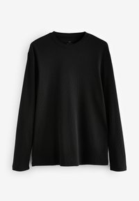Sort langærmet skjorte lavet af ribbet stof. Har en rund halsudskæring og en afslappet pasform med lige kant og enkelt design.