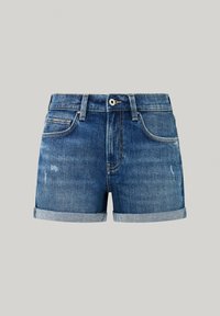 Jeans kratke hlače v temno modri barvi z zavihanimi manšetami, ki imajo sprednje in zadnje žepke, rahlo poškodbe in klasičen dizajn s petimi žepi.