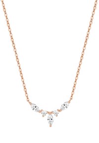 Naszyjnik łańcuszkowy w różowym złocie z centralnym wzorem, który zawiera trzy przezroczyste, szlifowane w marquise kamienie oraz dwa okrągłe kamienie, z małymi akcentami w formie koralików.