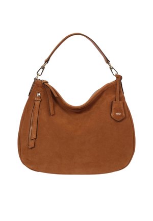 Braune Wildleder-Schultertasche mit geschwungenem Design, ausgestattet mit einem einzelnen Tragegurt, Reißverschlussverschluss und einem kleinen Lederetikett mit Logodetail.