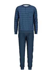 Marineblauwe loungebroekset met een gestreept langemouwen t-shirt met normale ronde hals en bijpassende broek met elastische boorden en tailleband.