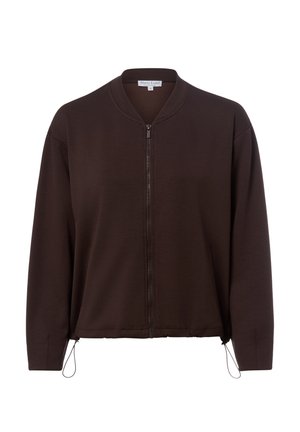 Dunkelbraune Zip-Up-Jacke mit langen Ärmeln und verstellbaren Kordeln am Saum, dargestellt vor weißem Hintergrund.