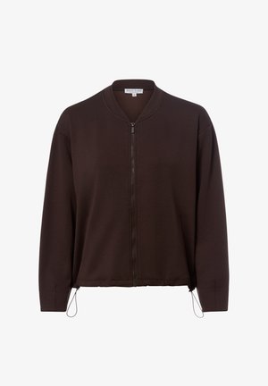 Dunkelbraune Zip-Up-Jacke mit langen Ärmeln und verstellbaren Kordeln am Saum, dargestellt vor weißem Hintergrund.