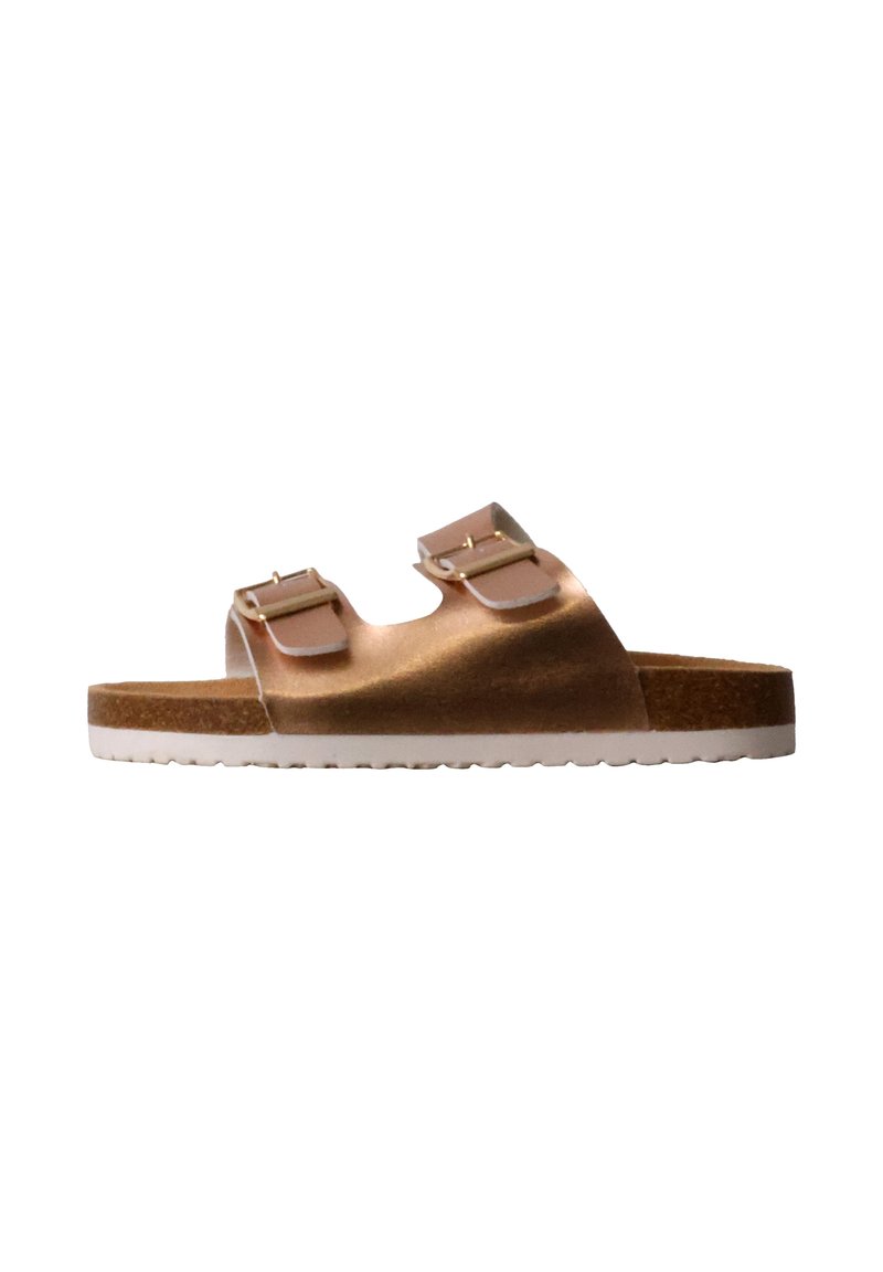 Sandale slide marron avec deux brides réglables à boucle et une semelle en caoutchouc blanche, présentée de profil sur fond blanc.
