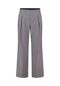 Grijze wijde broek met plooien en een zwarte elastische tailleband.