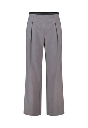 Grijze wijde broek met plooien en een zwarte elastische tailleband.