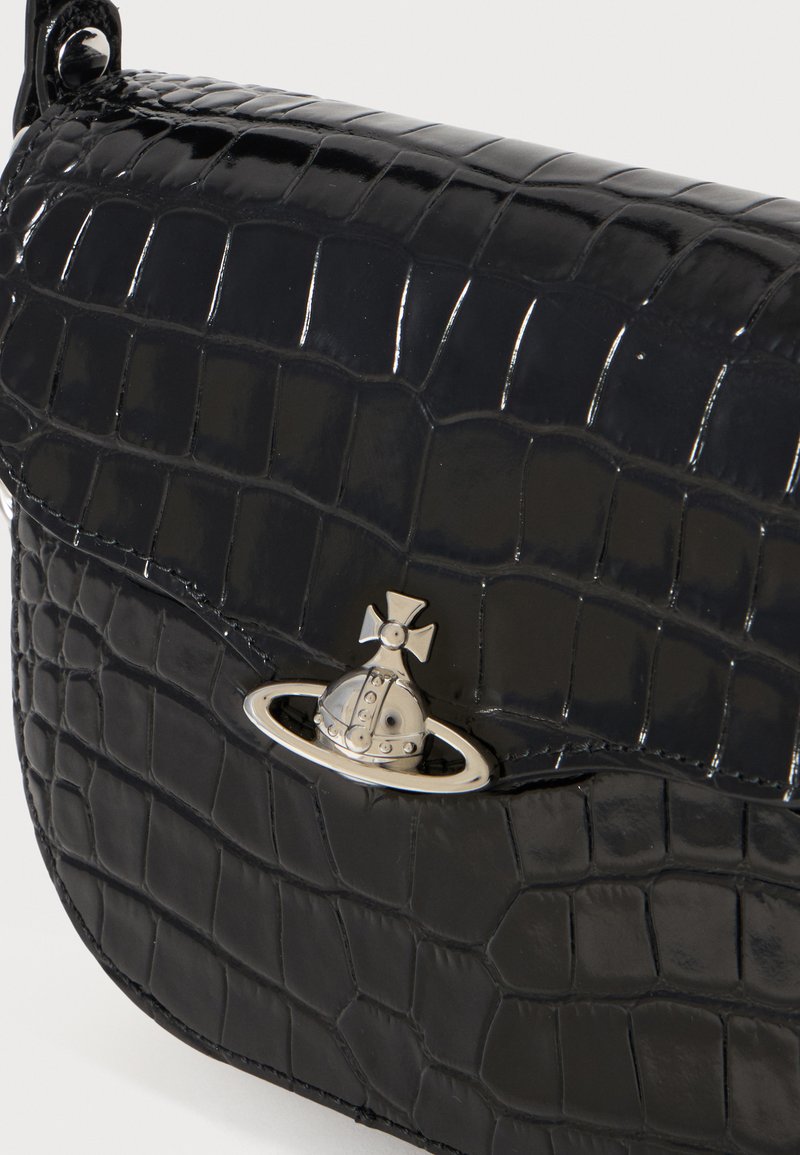 Black glossy crocodile-patterned handbag with a silver orb and cross logo clasp on the front flap.