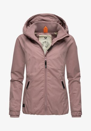 Lys rosa hettejakke laget av glatt stoff, med frontglidelås, to sidelommer med glidelås og elastiske mansjetter.