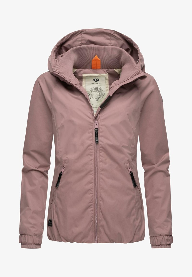 Light pink hooded jacket made of smooth fabric, featuring a front zipper, two side pockets with zippers, and elastic cuffs.