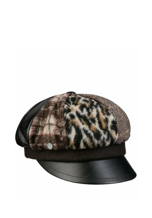 Patchwork newsboy cap with leather visor and mixed patterns including plaid, animal print, herringbone, and solid textures in brown tones.