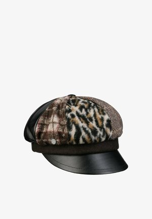 Patchwork newsboy cap with leather visor and mixed patterns including plaid, animal print, herringbone, and solid textures in brown tones.