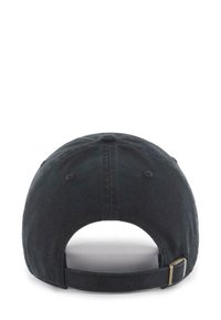 Black fabric baseball cap featuring a curved brim, adjustable strap with metal clasp, and stitched detailing on the back.