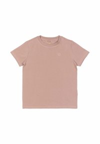 Kratší rukávy, světle růžové tričko vyrobené z hladké látky, s kulatým výstřihem a malým logem na hrudi. Jednoduchý, klasický design.