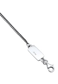 Bracelet en chaîne en argent avec une étiquette rectangulaire dotée d'un fermoir. Il a une finition polie et un poinçon "925" clair pour l'argent sterling.