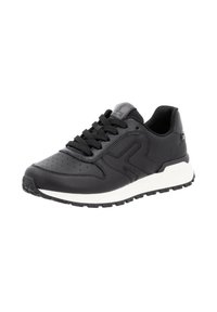 Black athletic shoe with a smooth leather upper, perforated toe, textured side detail, thick white midsole, and a rubber outsole for traction.