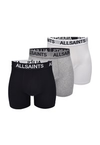 Drei Paar Boxer-Shorts in Schwarz, Grau und Weiß mit elastischen Taillenbündchen und wiederholtem "AllSaints"-Branding. Glatter Stoff.