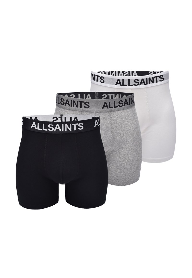 Drei Paar Boxer-Shorts in Schwarz, Grau und Weiß mit elastischen Taillenbündchen und wiederholtem "AllSaints"-Branding. Glatter Stoff.