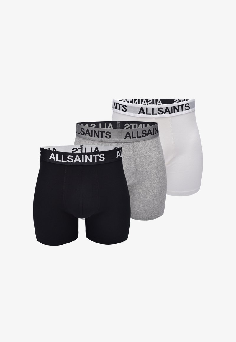 Drei Paar Boxer-Shorts in Schwarz, Grau und Weiß mit elastischen Taillenbündchen und wiederholtem "AllSaints"-Branding. Glatter Stoff.