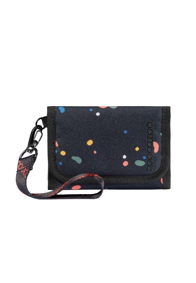 Black fabric wallet with colorful polka dot pattern, secured by a fold-over flap, featuring a detachable strap and logo detail.
