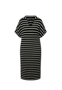 Robe rayée en noir et blanc, en tissu tricoté, décolleté en V, manches courtes, coupe décontractée, longueur genoux, rayures horizontales.