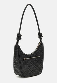 Borsa a tracolla nera imbottita con forma curva, dotata di un manico strutturato con dettagli attorcigliati e una tasca frontale con cerniera. Texture liscia.