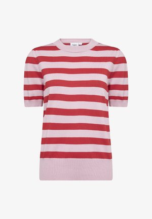 Piros és rózsaszín csíkos, rövid ujjú pulóver, kerek nyakkivágással, puha kötött anyagból készült, egyszínű szegéllyel.