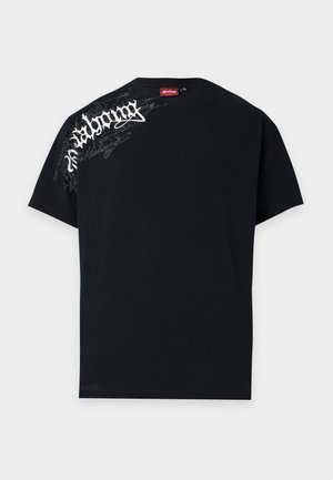 Black short-sleeve t-shirt with white graffiti-style text on the upper left shoulder area.