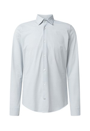 Long-sleeve button-up shirt with small diamond pattern in light blue and white, spread collar, and white buttons down front.